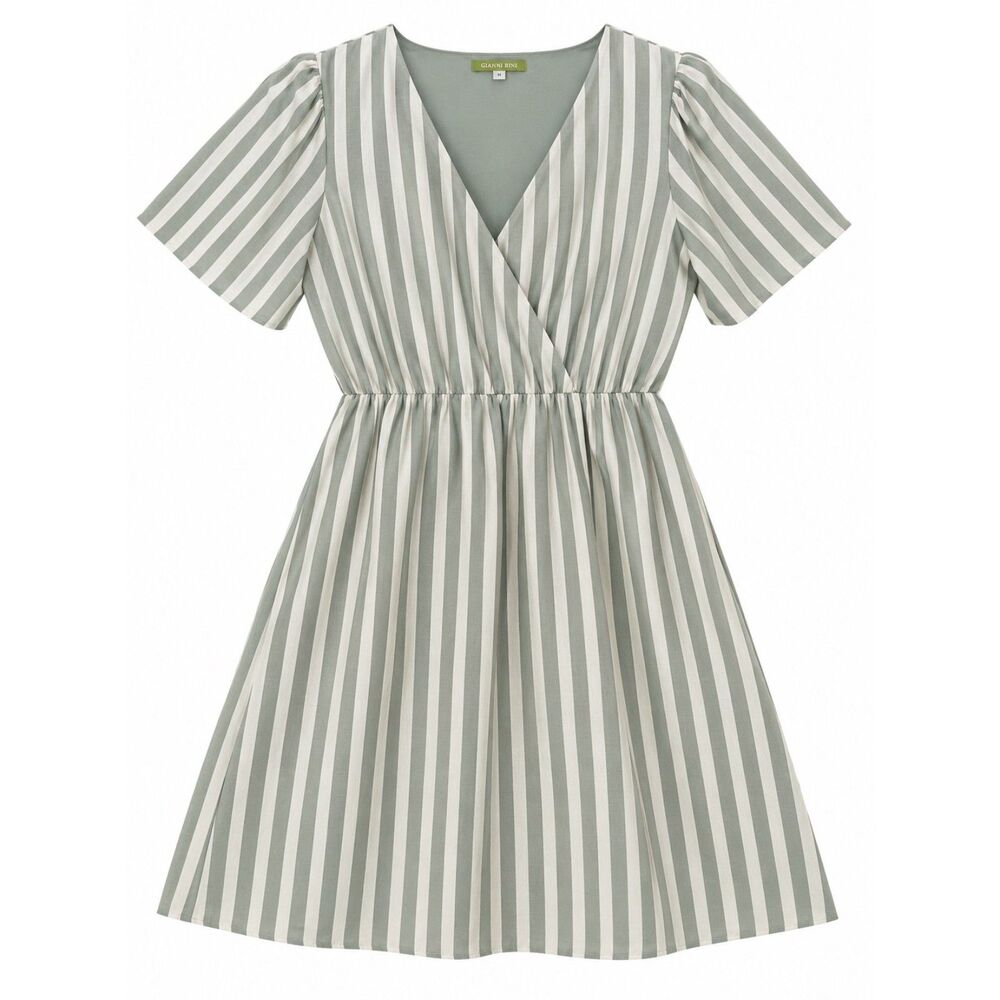 Gianni Bini Sage Green White Stripe Wrap Mini Dress M Puff Sleeve Coastal Summer
